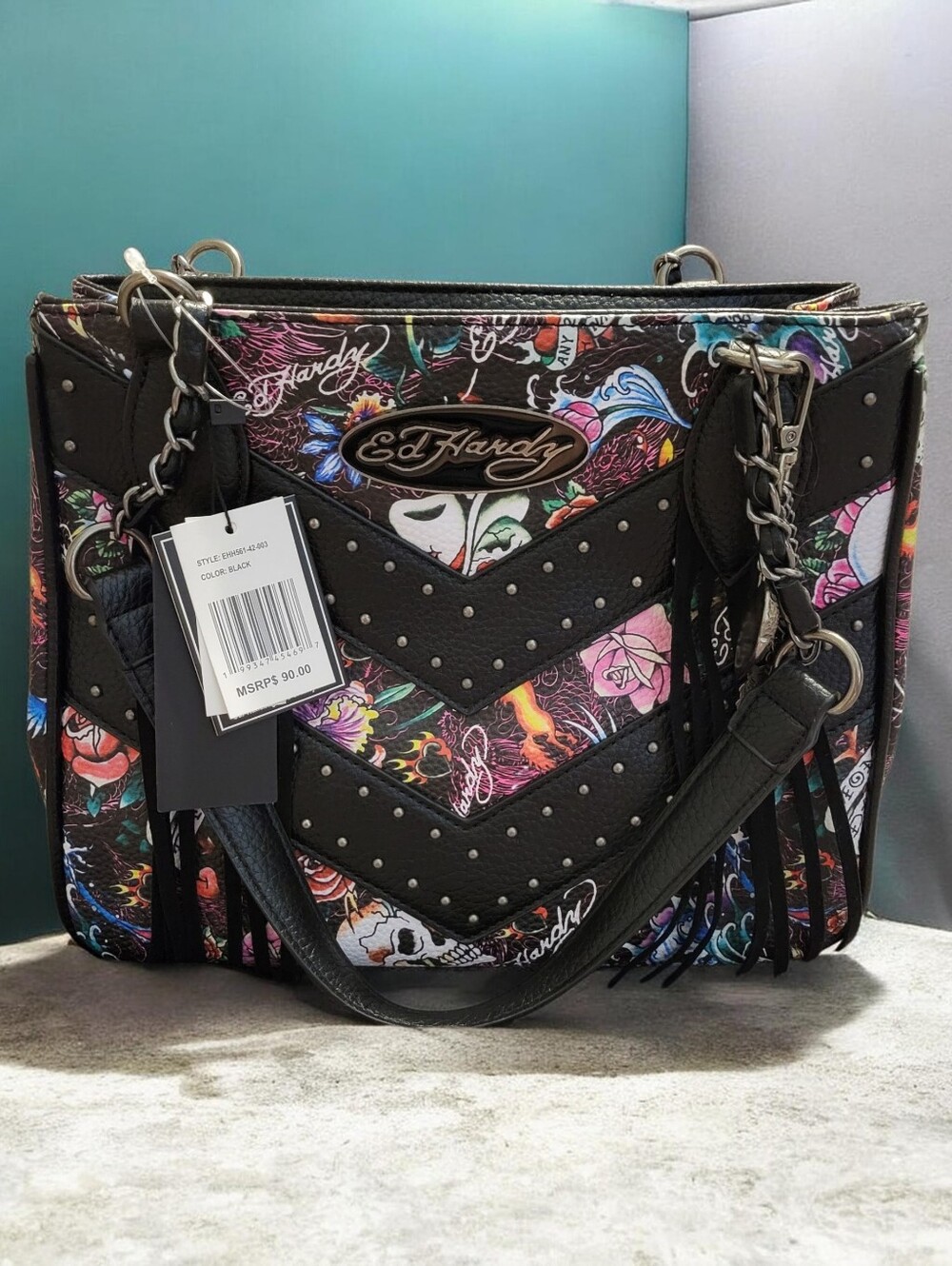 Ed Hardy NWT!  Tattoo Print Fringed Shoulder Bag/Satchel